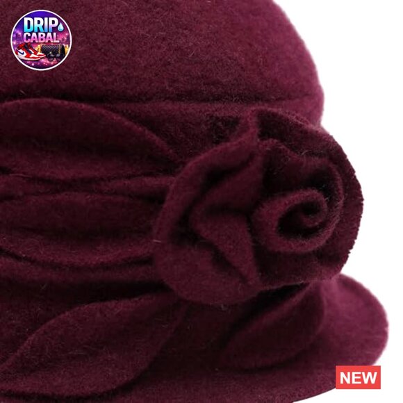Wool Blend Vintage Cloche Bucket Hat with Stitched Flower Accent